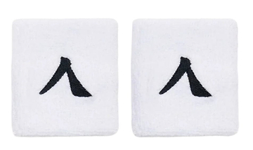 The Kanso 7cm Wristband 2 Pack in white, made from absorbent fabric, showcases a minimalist black abstract "A" logo on each band. They are displayed side by side on a plain white background.
