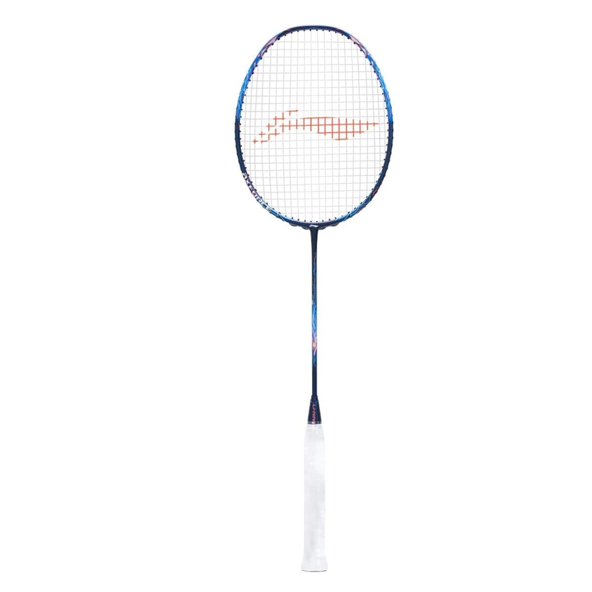 The Li-Ning Axforce 90 Dragon Max 4U Badminton Racket - Blue features a sleek blue and black frame, complemented by white strings and a white grip. Tailored for advanced players, this elegant racket from Li-Ning is built for high-intensity play.