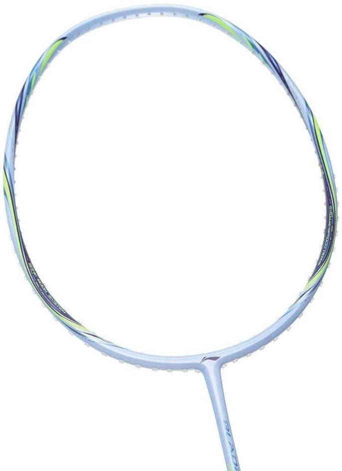 A close-up of the Li-Ning BladeX 73-Light 6U Badminton Racket - Flower Blue, a head-light model by Li-Ning, featuring blue and green accents on the head and shaft against a white background.