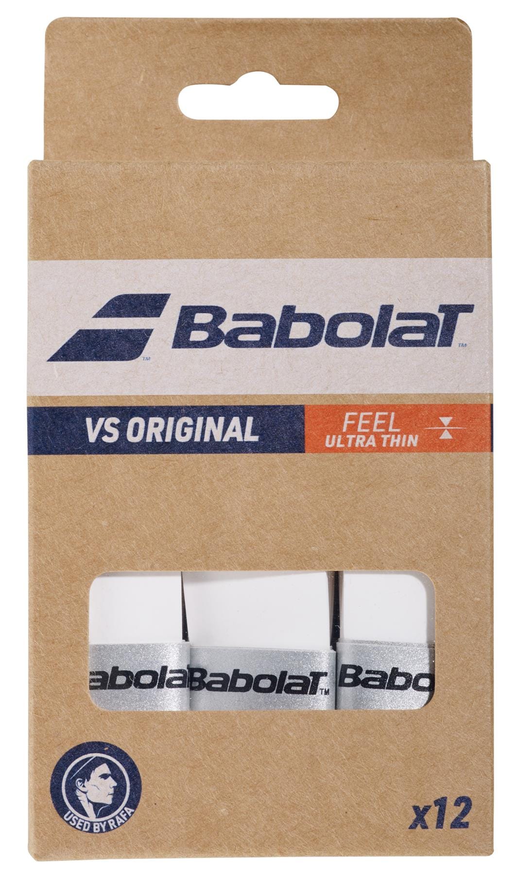 The Babolat VS Original X12 Badminton Overgrip in white features absorbent overgrips with the Babolat logo. The packaging highlights "Feel Ultra Thin" with an emblem for added sophistication, offering a perfect dry feel on court.