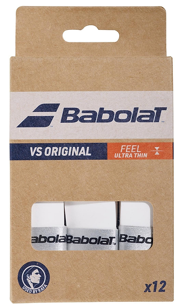 The Babolat VS Original X12 Badminton Overgrip in white features absorbent overgrips with the Babolat logo. The packaging highlights "Feel Ultra Thin" with an emblem for added sophistication, offering a perfect dry feel on court.