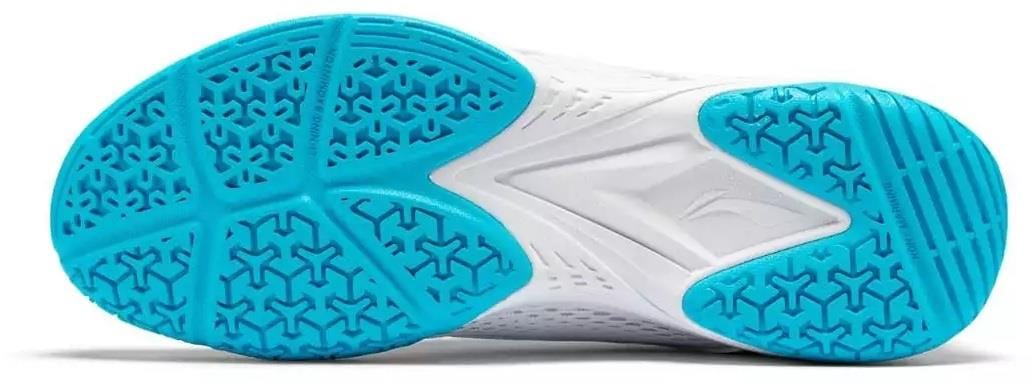 Close-up of the Li-Ning Almighty V2.0 Unisex Badminton Shoes sole, showing a white midsection and blue geometric tread for traction and flexibility. Brand: Li-Ning. Color: White/Blue.