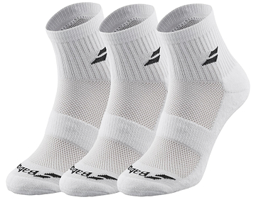 Three pairs of Babolat Quarter Badminton Socks in white are displayed side by side, each featuring a black logo and mesh detailing. These socks offer ventilated zones for enhanced comfort and support during your game.