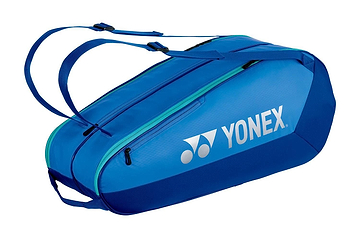 The Yonex 42526EX Team 6 Racket Badminton Bag in Blast Blue features two shoulder straps, a large zippered compartment, and a white Yonex logo on the side—ideal for tennis or versatile use as one of your badminton bags.