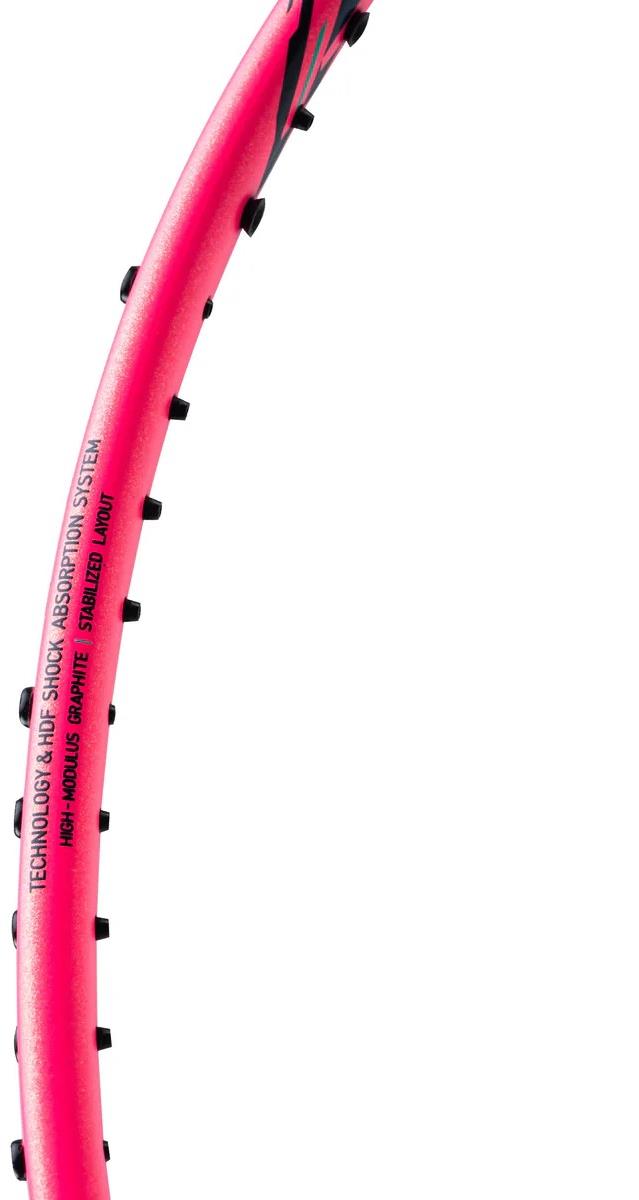 Close-up of the Li-Ning Halbertec Motor Pro 5U Badminton Racket in Black/Pink, highlighting its high-modulus graphite frame with black string grommets and printed text on the side, set against a white background.