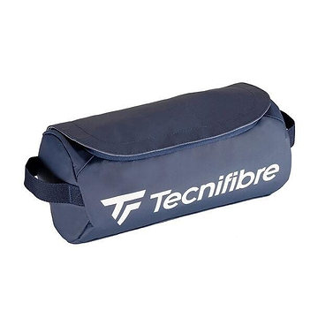 The Tecnifibre Tour Endurance Mini Accessory Bag in navy blue is a cylindrical, waterproof bag with a flap closure, side handles, and white Tecnifibre branding—part of the Tour Endurance collection.