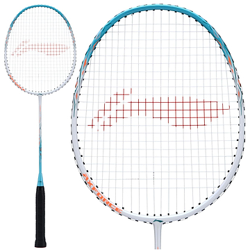 The **Li-Ning Axforce 9 Badminton Racket - White / Blue** by **Li-Ning** boasts a blue frame complemented by white strings and a striking red logo pattern. The handle is wrapped in black grip tape for a secure grip. A full view of the racket, along with a detailed close-up of the head, showcases its innovative Aero Tec-Beam System design.