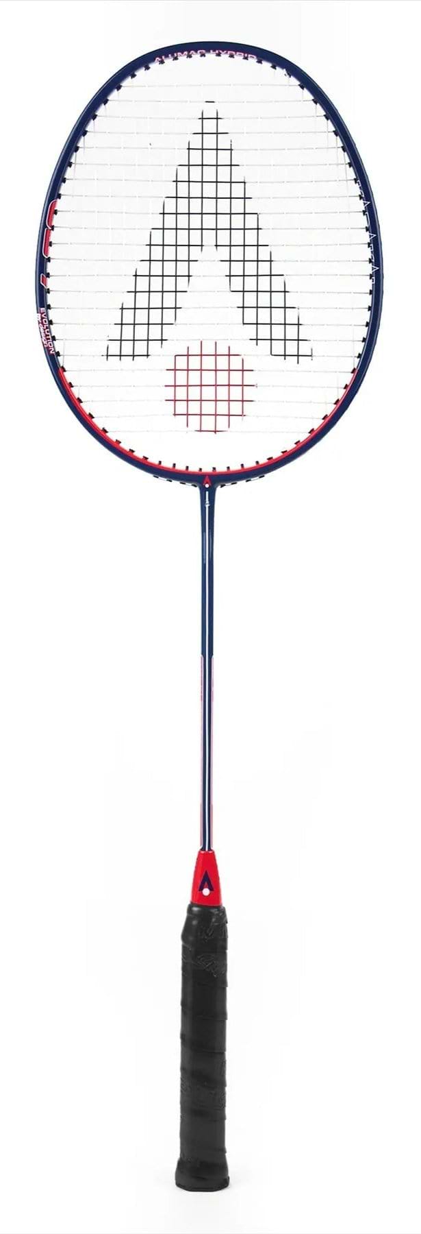The Karakal CB-7 2.1 Badminton Racket by Karakal showcases an isometric head with a striking blue frame and black strings that feature a geometric design. Its sleek graphite shaft pairs seamlessly with the black grip, while the racket's head boasts an oval-shaped grid pattern.