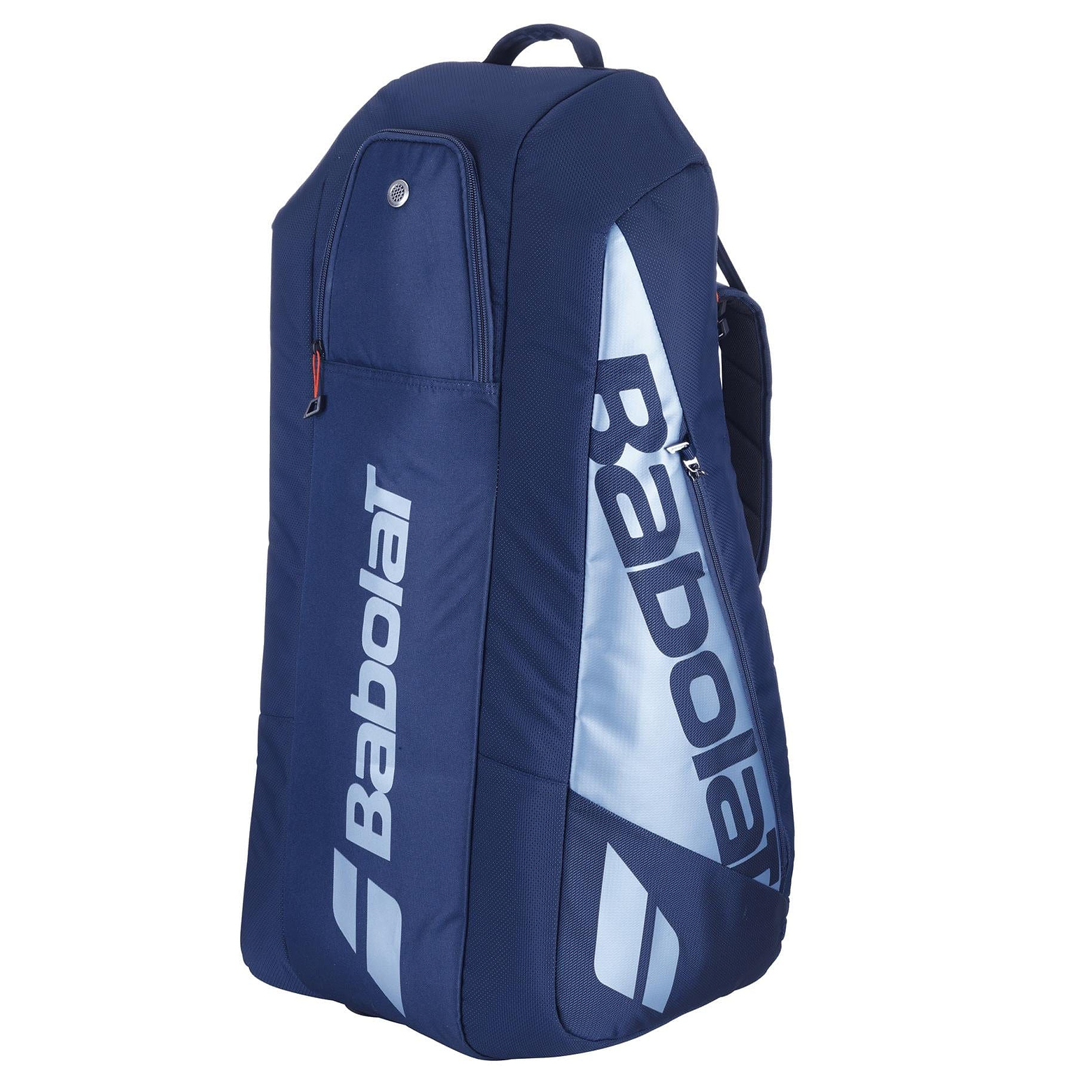 The navy blue Babolat RH6 Pure Drive Gen11 Badminton Bag holds multiple rackets and offers several compartments for convenience. Made from recycled polyester, it features the Babolat logo prominently in white on the side and has a top grab handle for easy carrying.