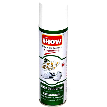 A can of Shoestring's SHOW Shoe Deodorant Spray 250ml with a white background. The label showcases chamomile flowers and shoe images, highlighting its purpose as a shoe spray for freshness and odor control. Text is presented in English and another language.