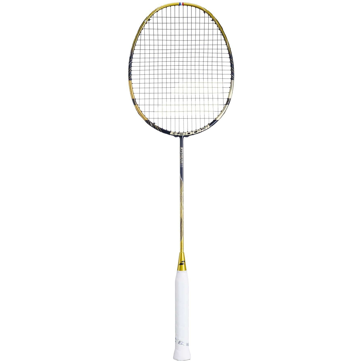 The Babolat Jetstream 83 4U badminton racket, featuring a gold and black design with a sleek metallic shaft and white grip, is photographed against a white backdrop. It combines style and performance for enhanced maneuverability.