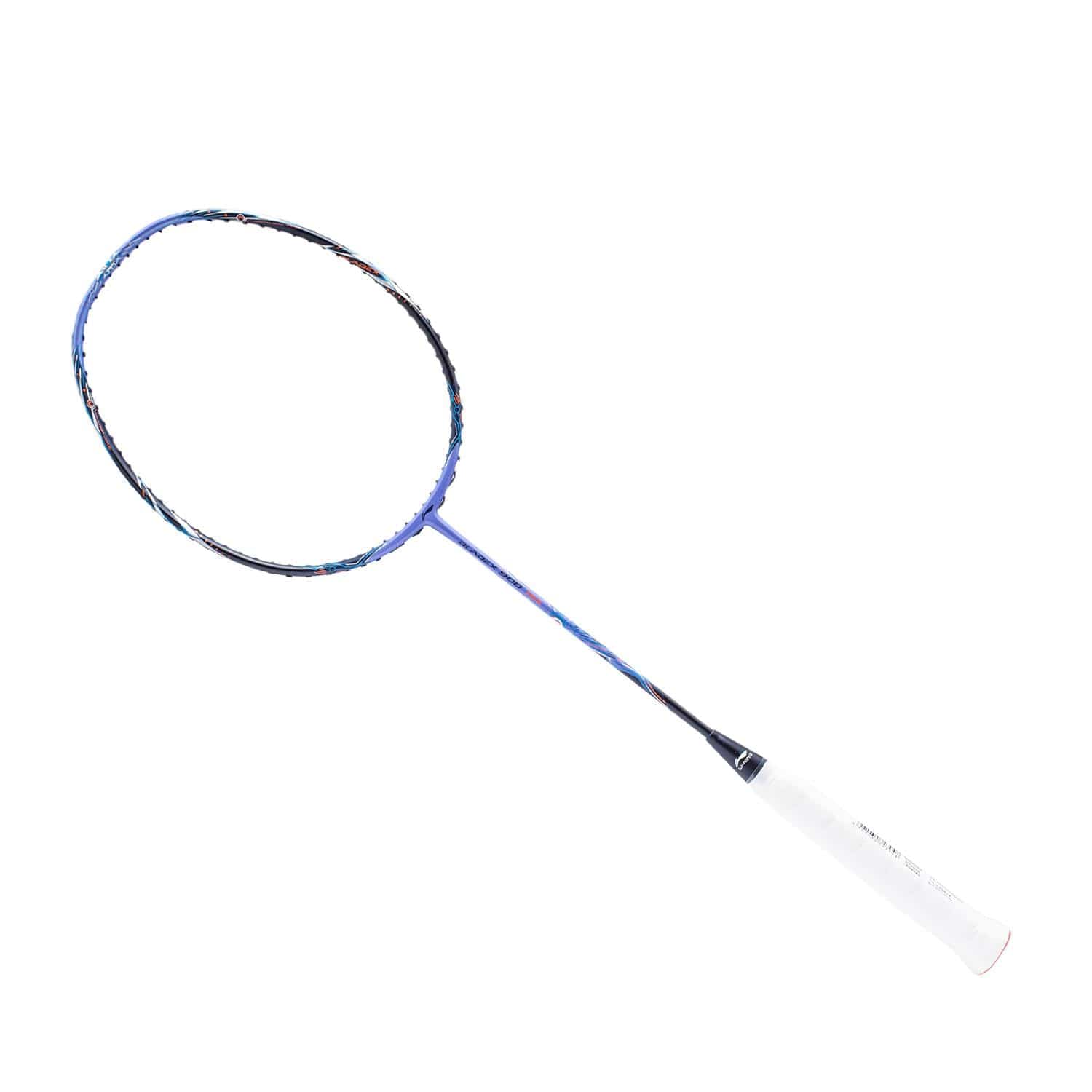 The Li-Ning BladeX 900 Moon Max 3U Badminton Racket in blue is designed with a white grip and a sleek blue-black frame featuring a round head. It incorporates the HDF Shock Absorbing System and has a stiff shaft flex, making it perfectly poised against a white backdrop to elevate your performance on the court.