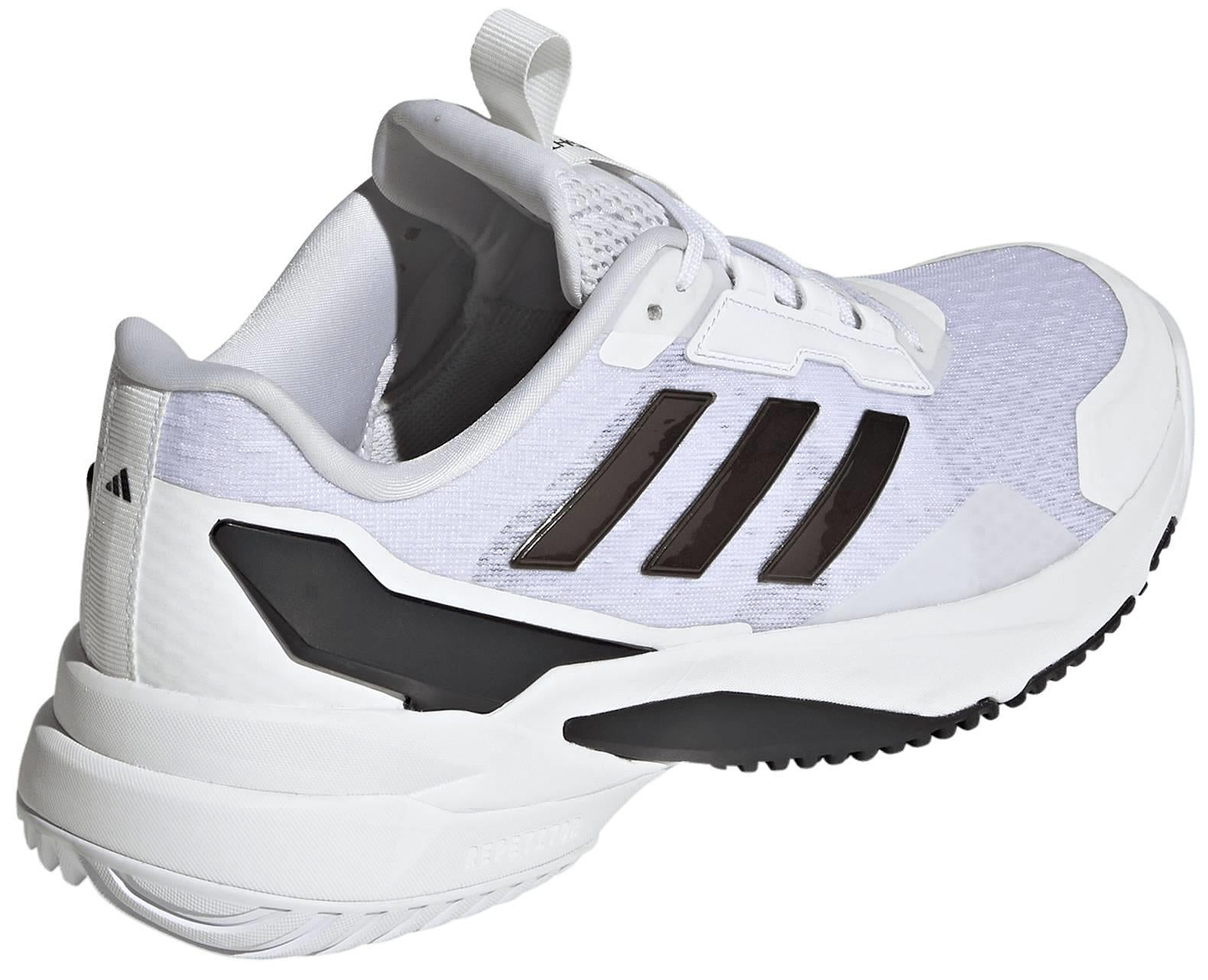 The adidas Crazyflight 6 Men's Indoor Badminton Shoes in white feature black accents, three black side stripes, a white sole, and a heel pull tab. Lightweight and ideal for badminton or casual wear.