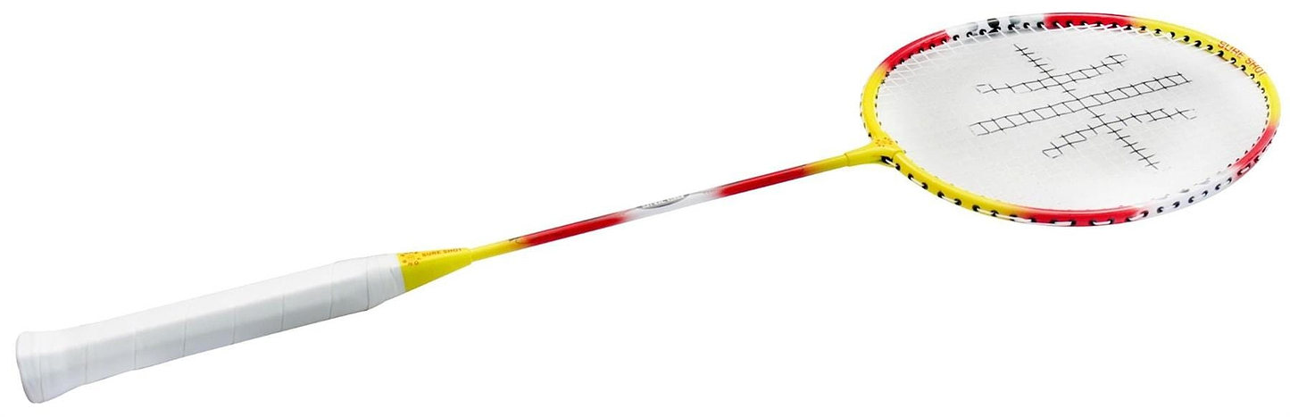 The Sure Shot Beijing Badminton Racket boasts a white grip handle, red and yellow aluminium head, and tempered steel shaft for durability. Its string pattern with a center logo and black/white striped frame enhances its sleek appearance.