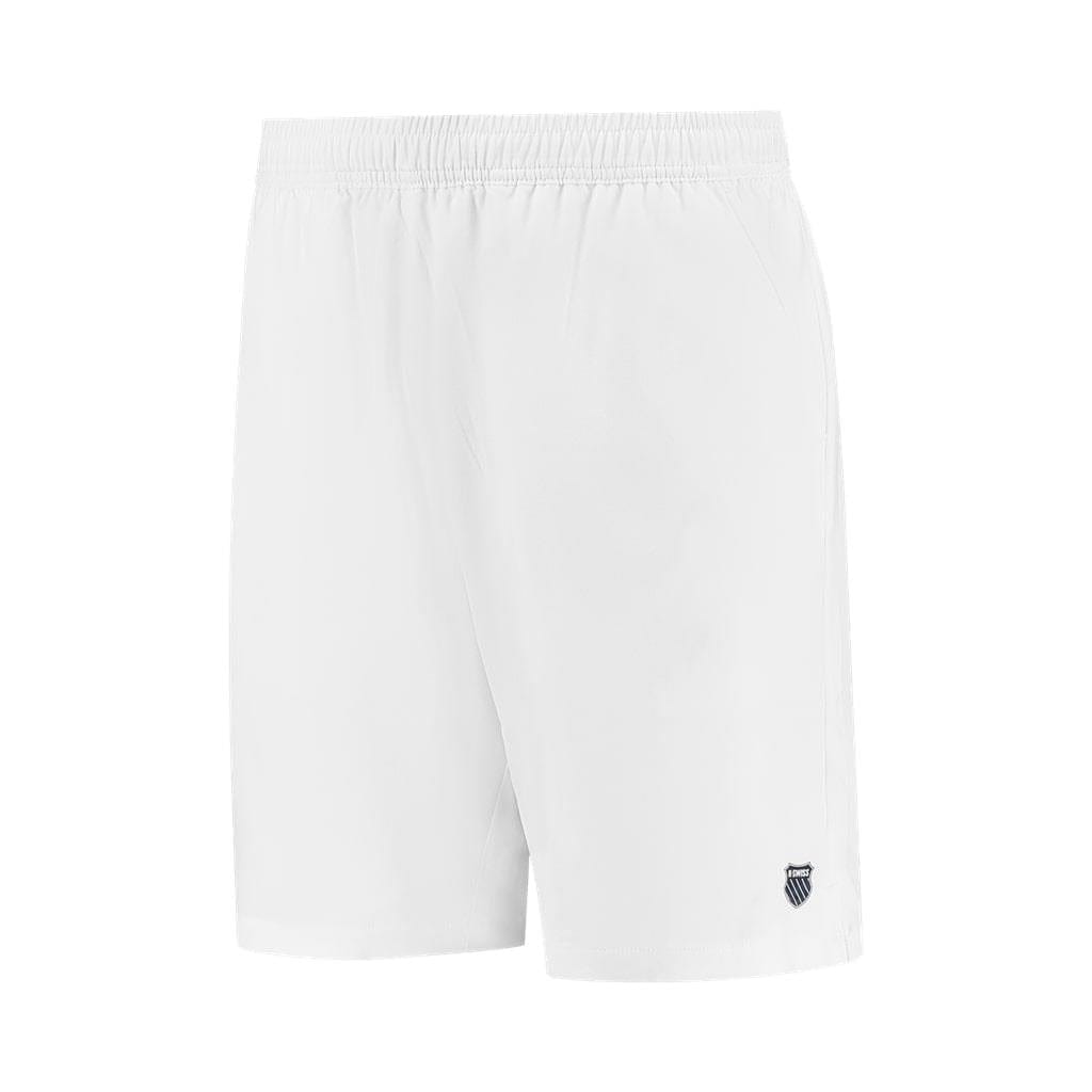 The K-Swiss Hypercourt Men's 7 Inch Badminton Shorts in white feature an elastic waistband and a subtle black logo near the hem of one leg. These shorts ensure comfort with their 4-way density stretch fabric, and the deep side pockets enhance the sleek design against a plain white backdrop.