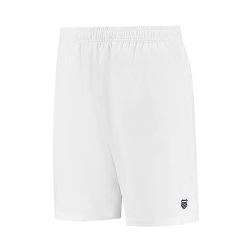 The K-Swiss Hypercourt Men's 7 Inch Badminton Shorts in white feature an elastic waistband and a subtle black logo near the hem of one leg. These shorts ensure comfort with their 4-way density stretch fabric, and the deep side pockets enhance the sleek design against a plain white backdrop.