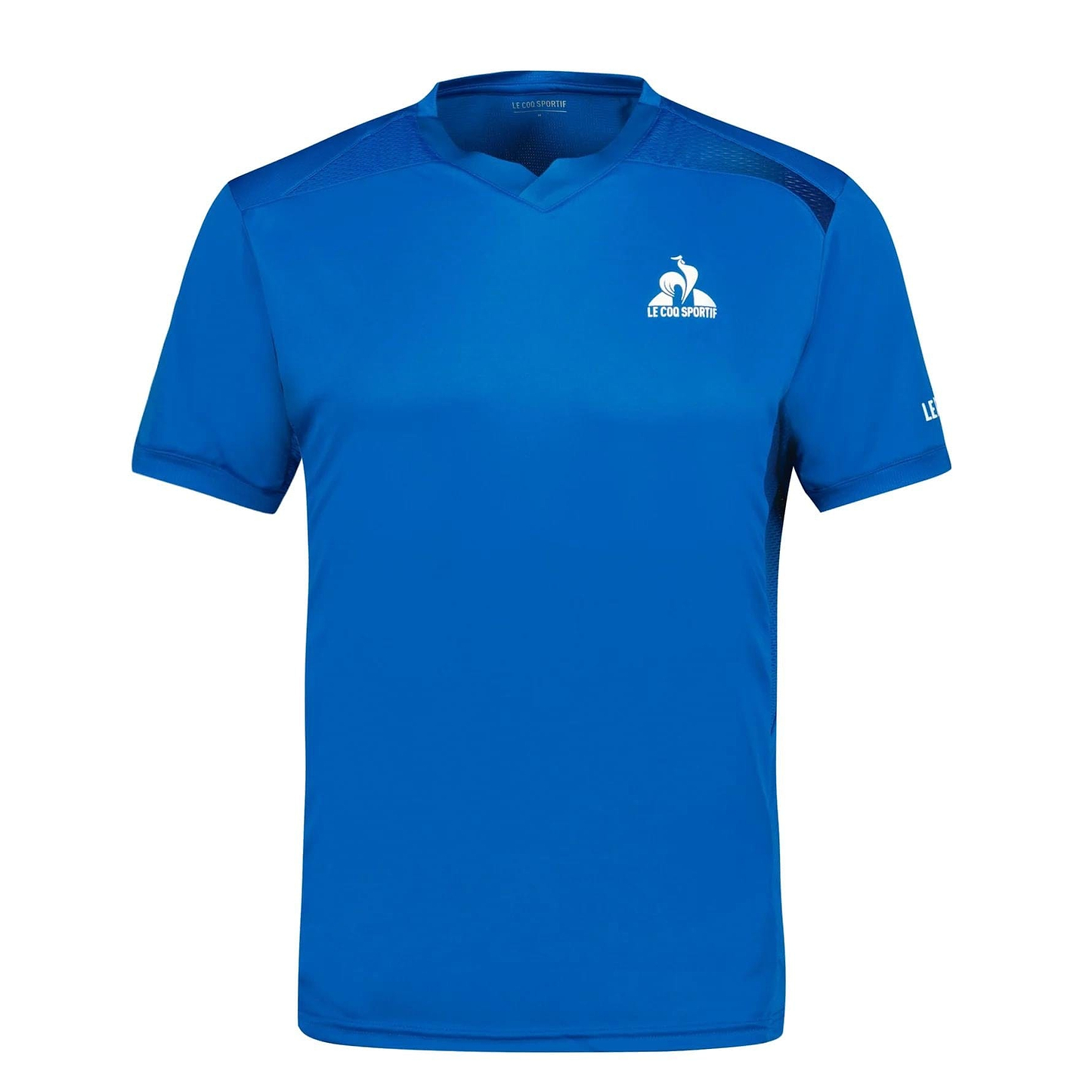 The Le Coq Sportif Pro Men's Badminton T-Shirt in lapis blue features a v-neck, short sleeves, and logo detailing on the chest and sleeve. Made from breathable material for comfort during play.