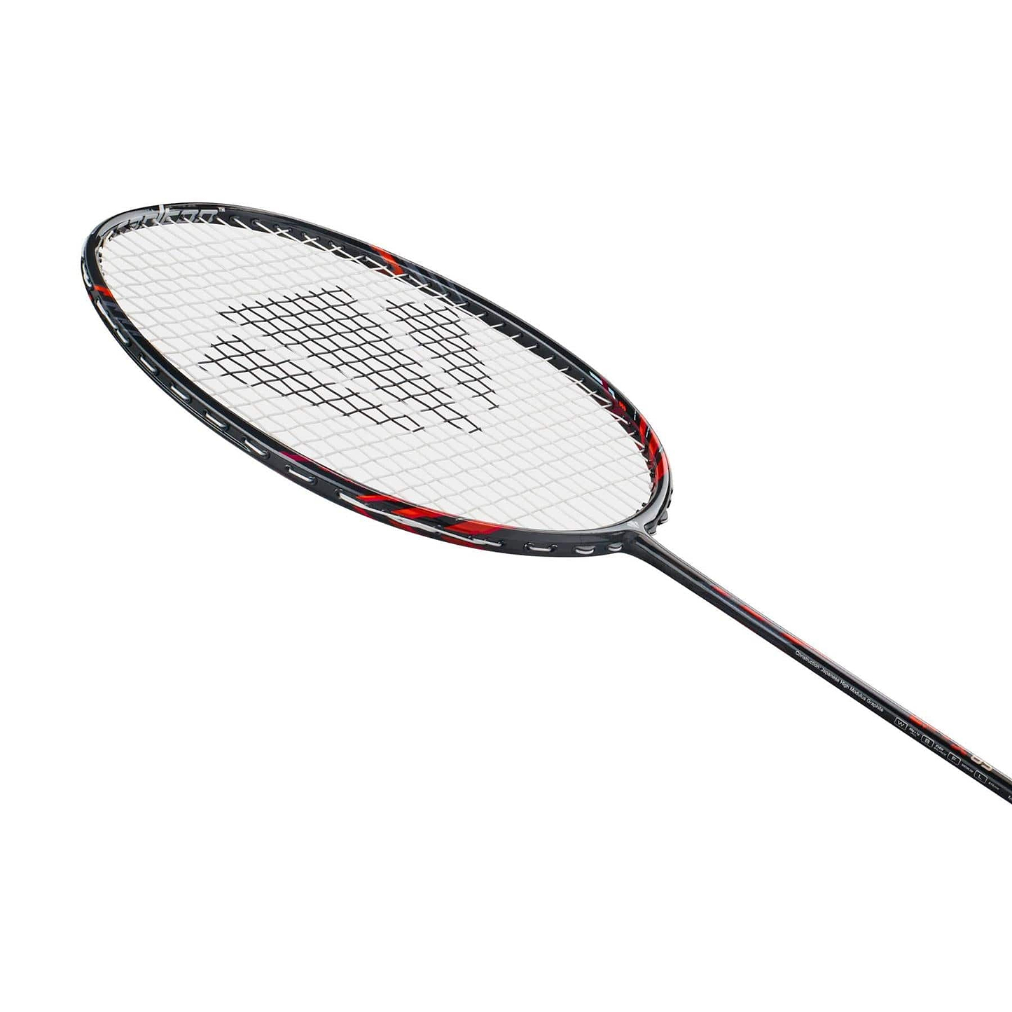 A close-up of the Carlton GP-X 85 3U Badminton Racket by Carlton, featuring a black and red frame, white strings, and a logo on the string bed, set against a plain white background.