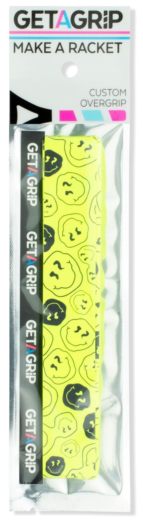 Get a Grip Badminton Overgrip - Smiley by Get A Grip: a bright yellow racket overgrip with black abstract smiley faces, ideal as a badminton gift. Packaged with the brand name and slogan "MAKE A RACKET.