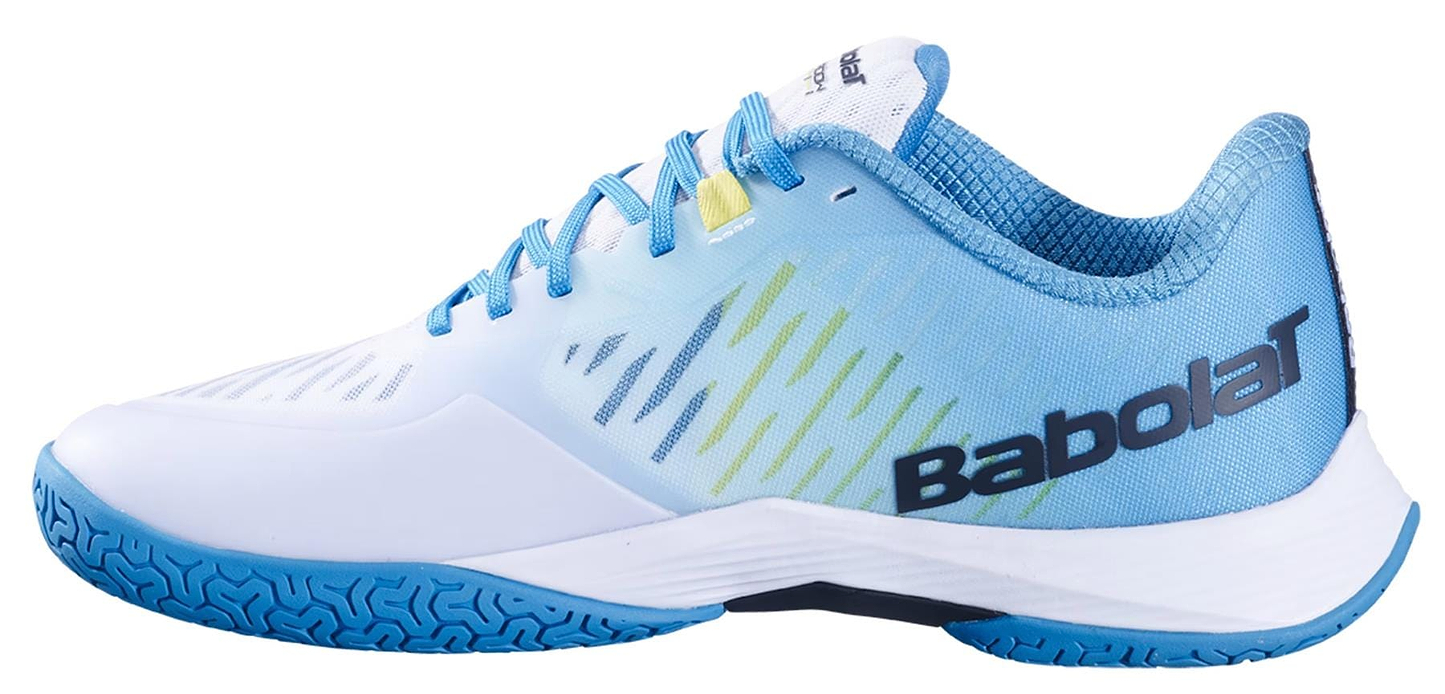 The Babolat Shadow Tour 5 Men's Badminton Shoes in Algier Blue feature a patterned sole, blue laces, and the Babolat logo on the side—ideal for indoor courts.