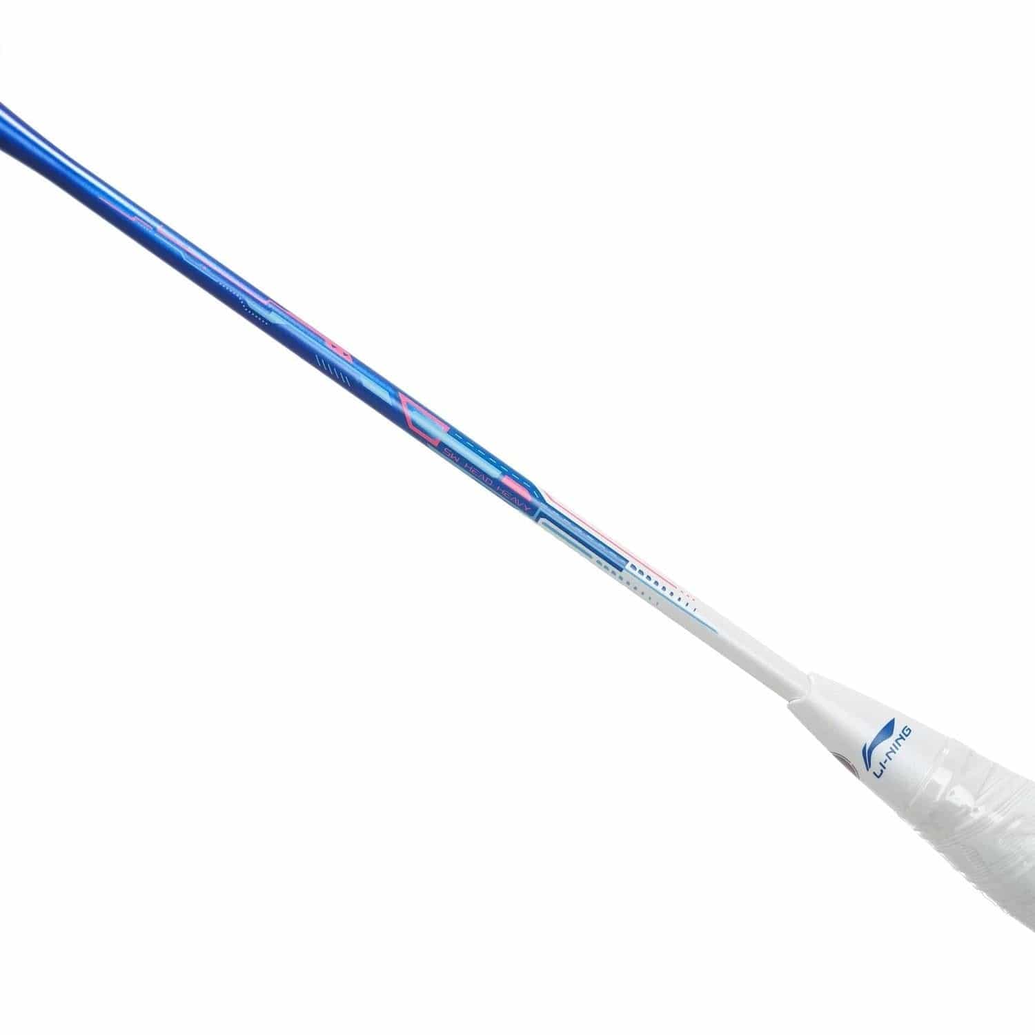 The Li-Ning Axforce 20 4U badminton racket features a Gulf Blue frame with a white grip and colorful pink and white shaft accents, designed for explosive power. The brand logo is prominently displayed near the grip, with the racket positioned diagonally on a sleek white background.