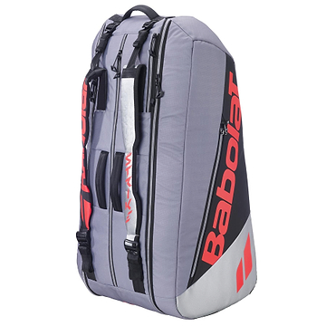 The Babolat RH9 Pure Strike 9 Racket Tennis Racket Bag in Carbon Grey stands upright on a white background, featuring black zippers and handles, red Babolat branding, and a water repellent finish.