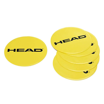 A collection of five vibrant yellow HEAD Badminton Training Targets imprinted with "HEAD" in bold black lettering, perfect for enhancing coordination exercises or serving as training targets. One target is displayed alone on the left.