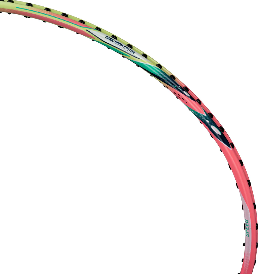 Close-up of the Li-Ning Windstorm 72 Speed 6U Badminton Racket in Light Pink, featuring a gradient design, TB Nano Technology, and black string holes along the edge.