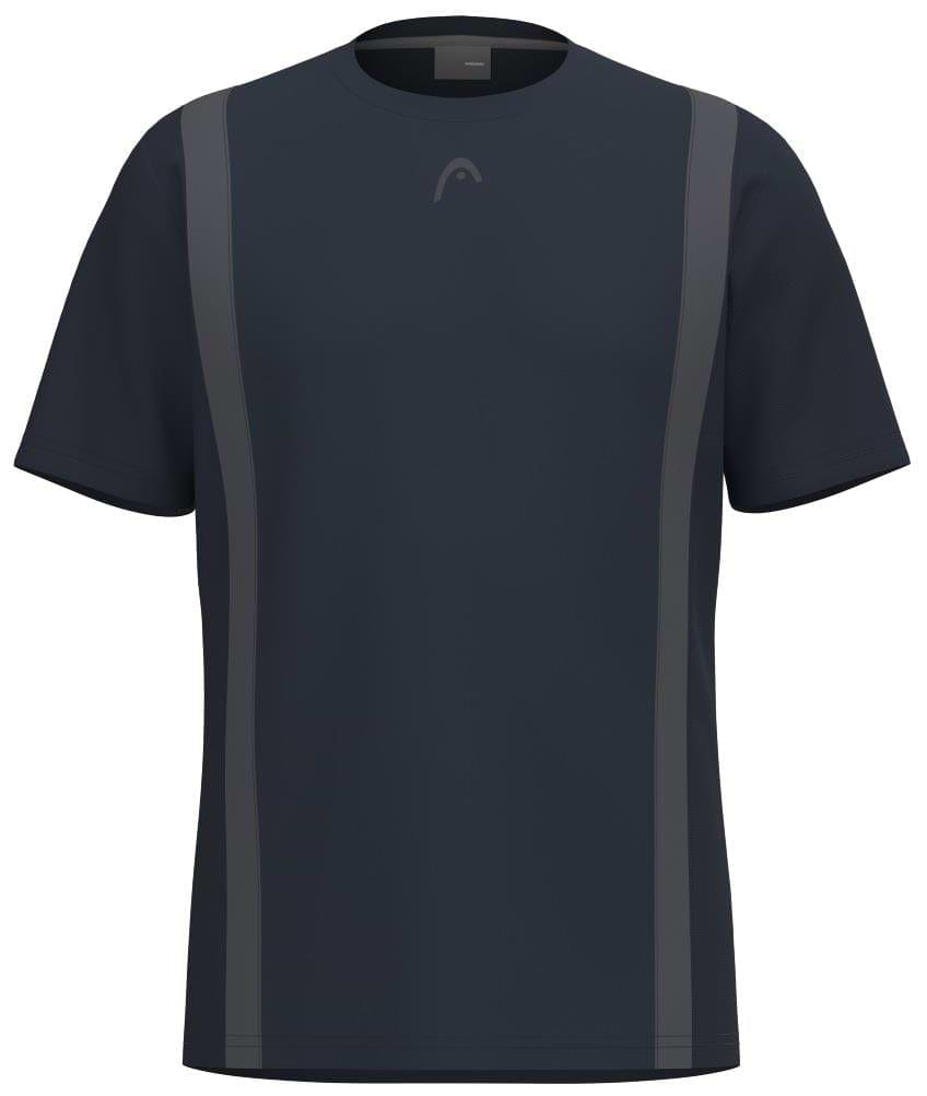 The HEAD Club Tech 25 Mens Badminton T-Shirt in navy features short sleeves, two vertical gray side stripes, a small gray logo by the neckline, and breathable moisture transfer microfiber for comfort on the court.