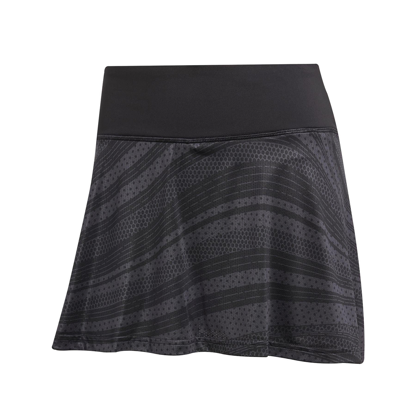 The ADIDAS Womens Club Graphic Badminton Skirt - Black by adidas is a sporty black skirt with a wide waistband and subtle stripes, crafted from lightweight recycled materials. Featuring dotted textures and a slightly flared hem, it’s perfect for sports or casual wear with CLIMACOOL technology for comfort.