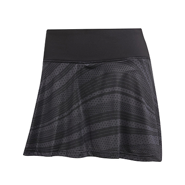 The ADIDAS Womens Club Graphic Badminton Skirt - Black by adidas is a sporty black skirt with a wide waistband and subtle stripes, crafted from lightweight recycled materials. Featuring dotted textures and a slightly flared hem, it’s perfect for sports or casual wear with CLIMACOOL technology for comfort.