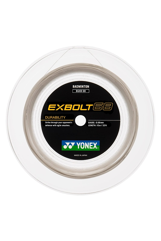 The Yonex Exbolt 68 Badminton String White, available in a reel of 200 meters with a gauge of 0.68 mm, highlights its potential for smashing power with durable construction. Made using FORGED FIBER technology and enclosed in transparent plastic casing, these strings are crafted in Japan.