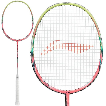 The Li-Ning Windstorm 72 Speed 6U Badminton Racket - Light Pink features TB Nano Technology, a white grip, pink and green gradient frame, and tightly strung white strings with a red pattern at the center.