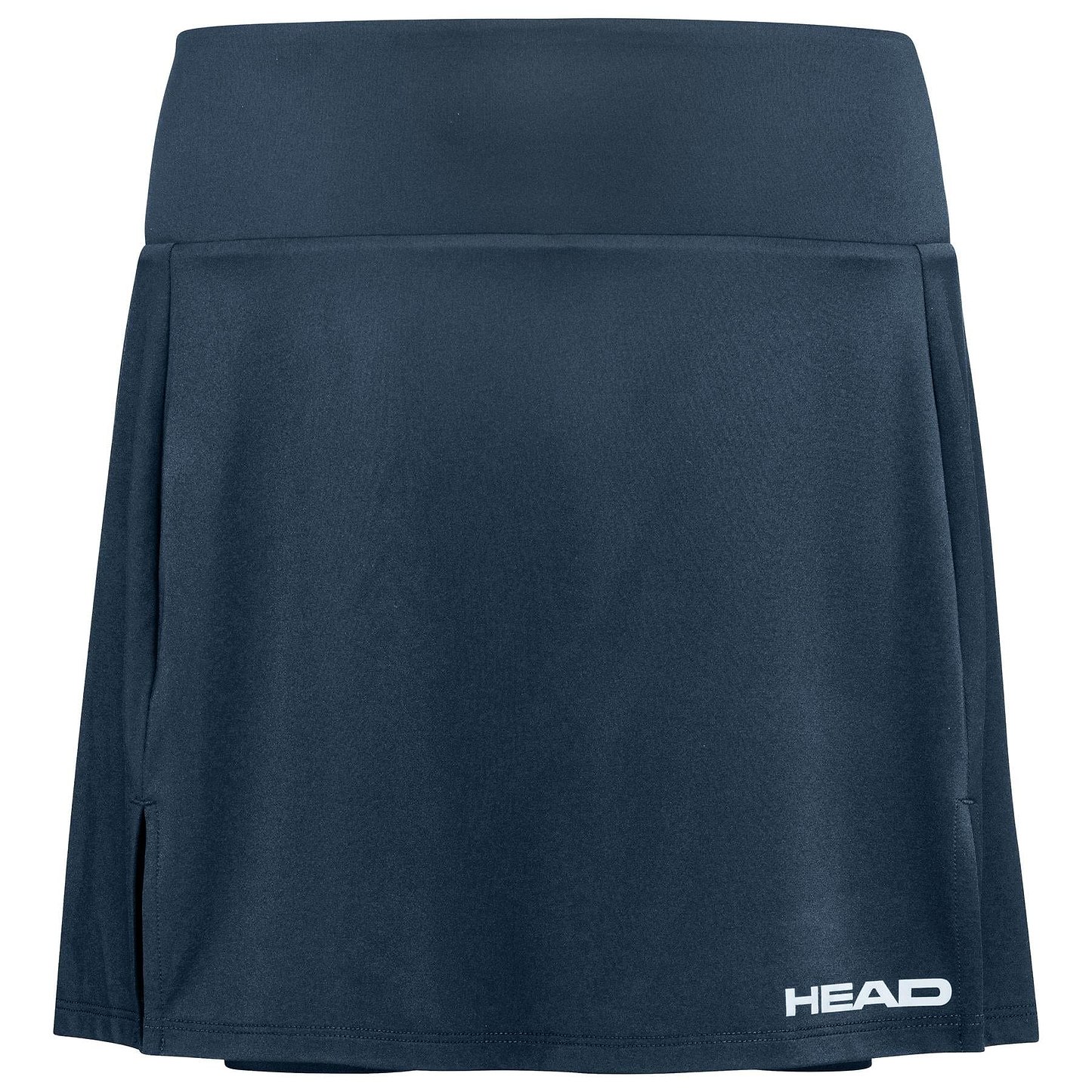 The HEAD Club Basic Women's Badminton Skort Long in navy combines comfort and style with smooth, stretchy fabric. It features a wide waistband, small side slits, Moisture Transfer Microfibre technology, and the "HEAD" logo printed in white on the bottom right corner.