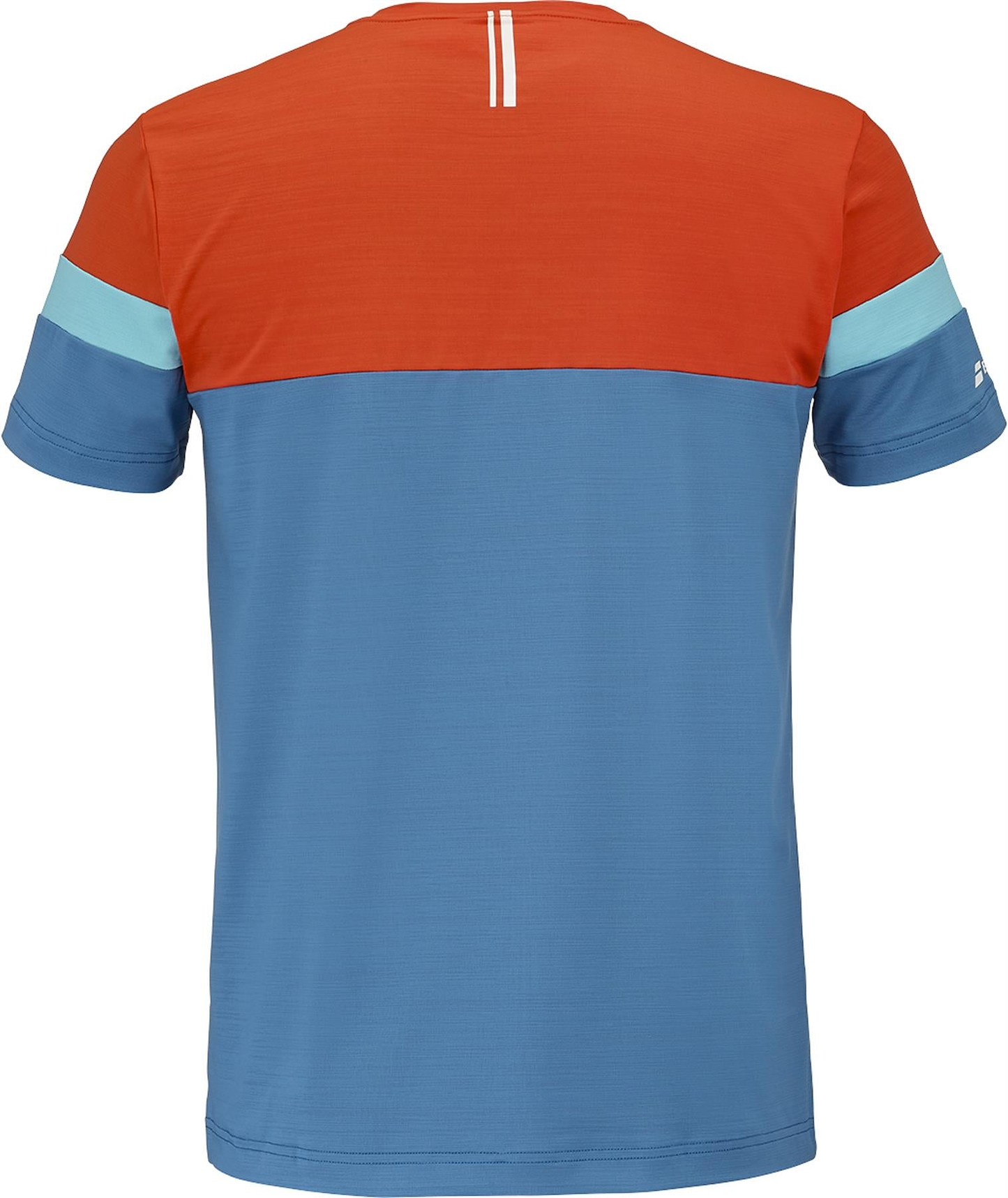 The Babolat Crew Neck Mens Badminton T-Shirt - Seaport features short sleeves, a red upper back, blue lower section, light blue sleeve stripes, and two white vertical lines near the crew neckline. Brand: Babolat.