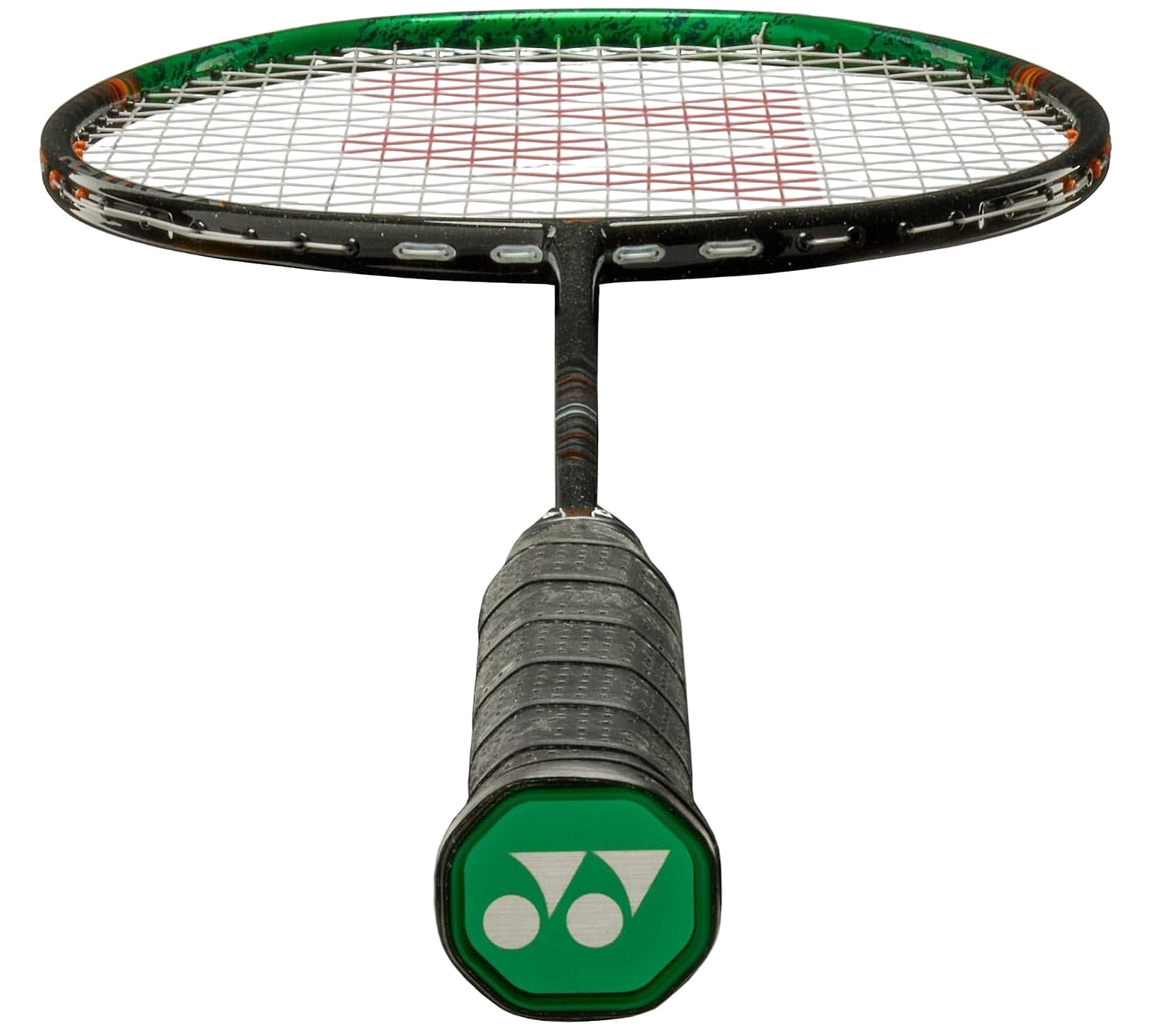 A close-up of the Yonex Astrox 99 Pro Badminton Racket - Black / Green shows the handle end with a green cap and white Yonex logo, while the string bed features a red pattern.