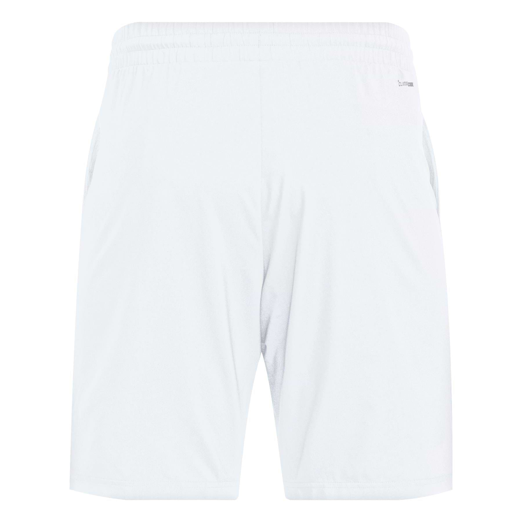 The ADIDAS Men's 3 Stripe Badminton Shorts in white feature an elastic waistband and moisture-wicking comfort, shown from the back.