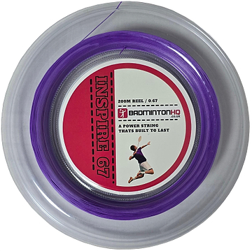A purple nylon multifilament badminton string "Inspire 67 Zoom" from BadmintonHQ appears on a circular reel. The label highlights a red stripe, a badminton player graphic, and the slogan: "A power string that's built to last.