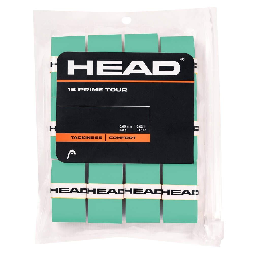The HEAD Prime Tour Badminton Overgrip (12 Pack) in Mint comes in a clear plastic package with 12 neatly stacked overgrips, white "HEAD" bands, and a black label showing thickness, comfort rating, and super tacky surface for extra feel.