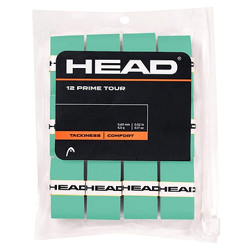 The HEAD Prime Tour Badminton Overgrip (12 Pack) in Mint comes in a clear plastic package with 12 neatly stacked overgrips, white "HEAD" bands, and a black label showing thickness, comfort rating, and super tacky surface for extra feel.