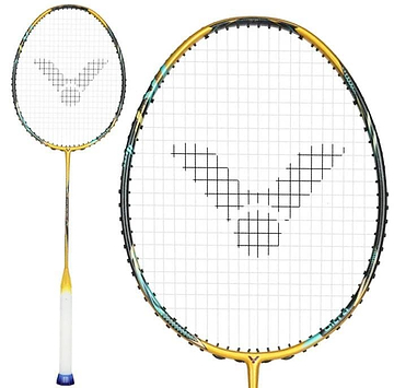 The Victor Thruster F C Ultra X Badminton Racket by Victor, shown in gold with a head-heavy balance, features a white grip and a black logo on the strings; images include both full view and close-up of the racket head.