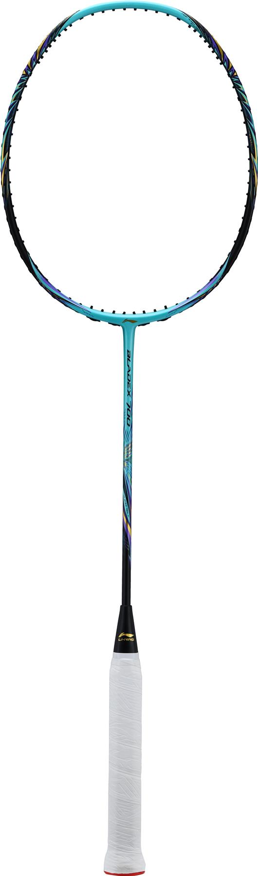 The Li-Ning BladeX 700 5U Badminton Racket in turquoise features a white grip and head heavy design, ideal for powerful smashes and fast-paced games. Brand: Li-Ning.