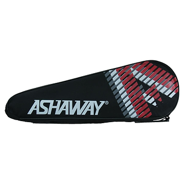The Ashaway AB18 Badminton Racket Cover in black and red showcases a stylish design with the "ASHAWAY" brand prominently displayed in bold white lettering. A striking diagonal red and white striped pattern adorns the right side, offering a dynamic look while providing ideal protection for your Ashaway AB18 badminton racket.