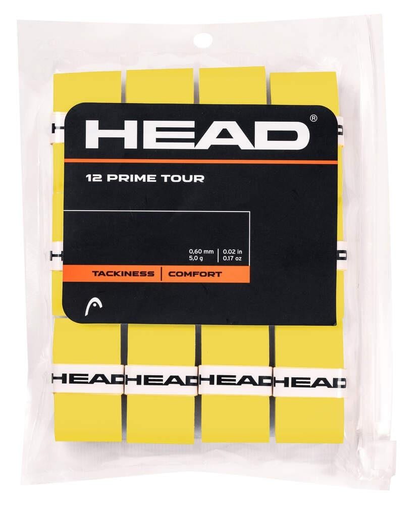 HEAD Prime Tour Badminton Overgrip 12 Pack offers super tacky, comfortable yellow grips in clear packaging. Each grip measures 0.60 mm thick and weighs 5.0 g, ensuring exceptional performance.