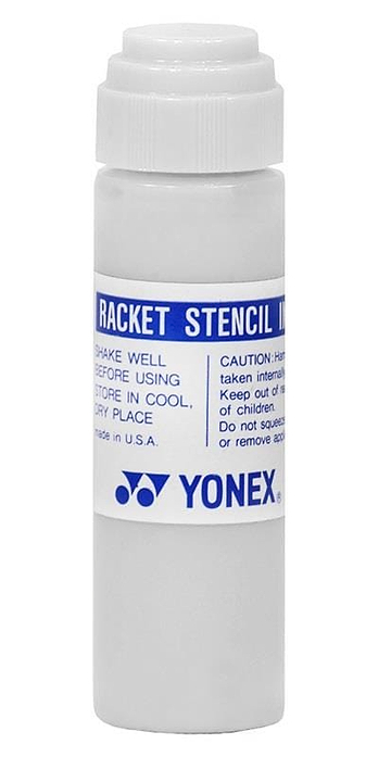 The Yonex Stencil Ink - White, with its distinct white body and blue label, is equipped with a handy sponge applicator. Ideal for racket strings, the label provides comprehensive usage instructions along with crucial cautionary notes.