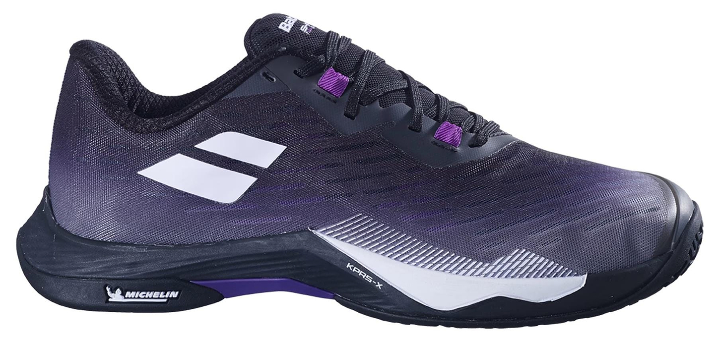 The Babolat Shadow Tour 5 Womens Badminton Shoes in black and purple feature white accents, black laces, a Michelin sole, and are ideal for training or matches on the badminton court.