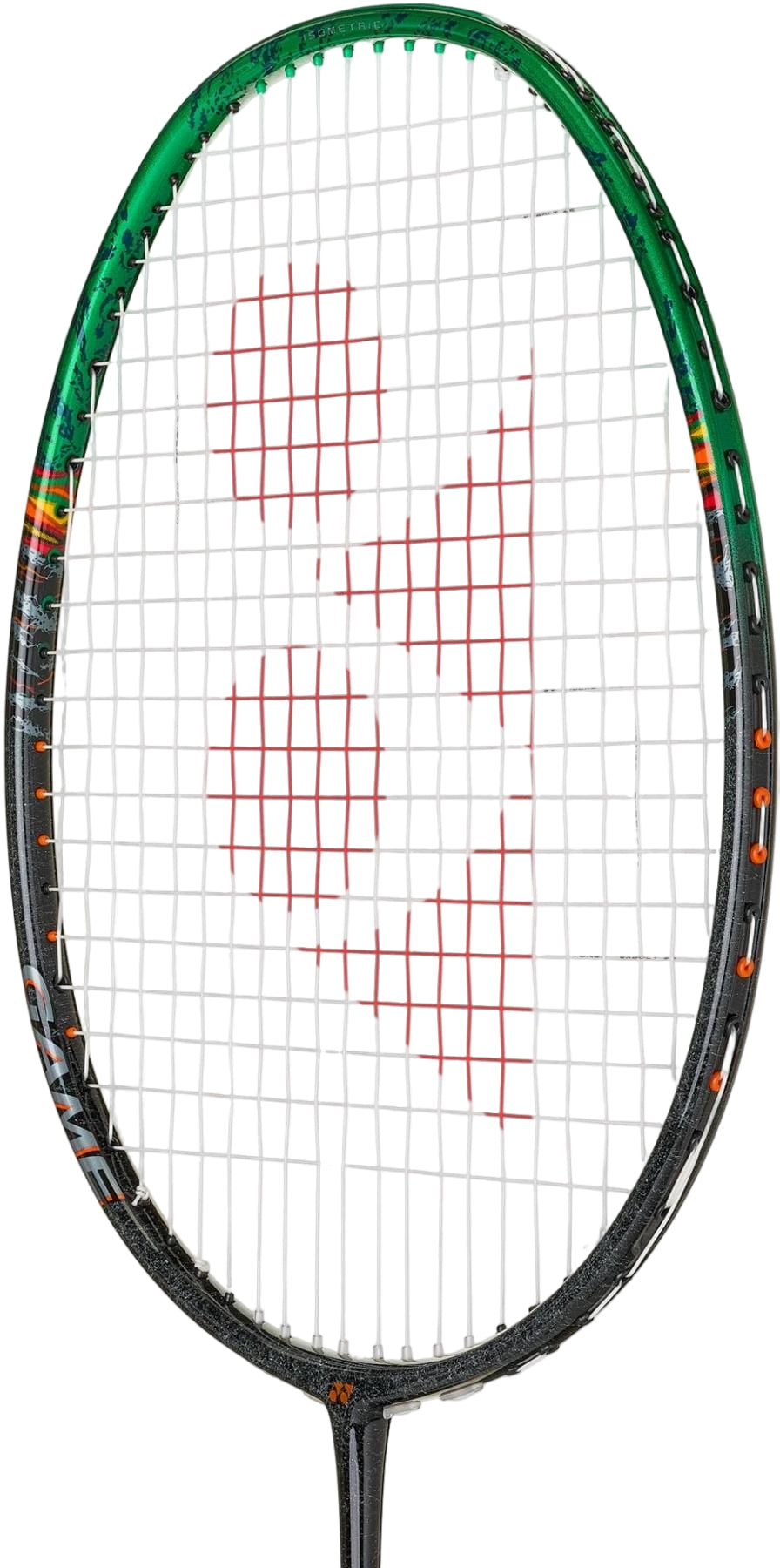 A close-up of the Yonex Astrox 99 Game 4U Badminton Racket in Black/Green, featuring white strings, a red geometric center design, and Yonex's Rotational Generator System for enhanced performance.