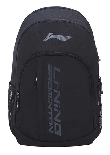 The Li-Ning Sporty Badminton Backpack - Black showcases a sleek, minimalist design with "Li Ning Badminton" in silver on the front pocket. It features side mesh pockets, a top zippered compartment, and padded straps for comfort.