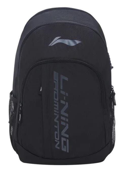 The Li-Ning Sporty Badminton Backpack - Black showcases a sleek, minimalist design with "Li Ning Badminton" in silver on the front pocket. It features side mesh pockets, a top zippered compartment, and padded straps for comfort.