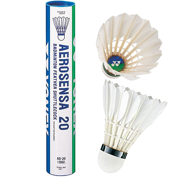 The Yonex Aerosena AS20 Badminton Feather Shuttles come in a set of 12 and feature a solid cork base. Outside the tube, one shuttlecock displays its white feathers and durable build.